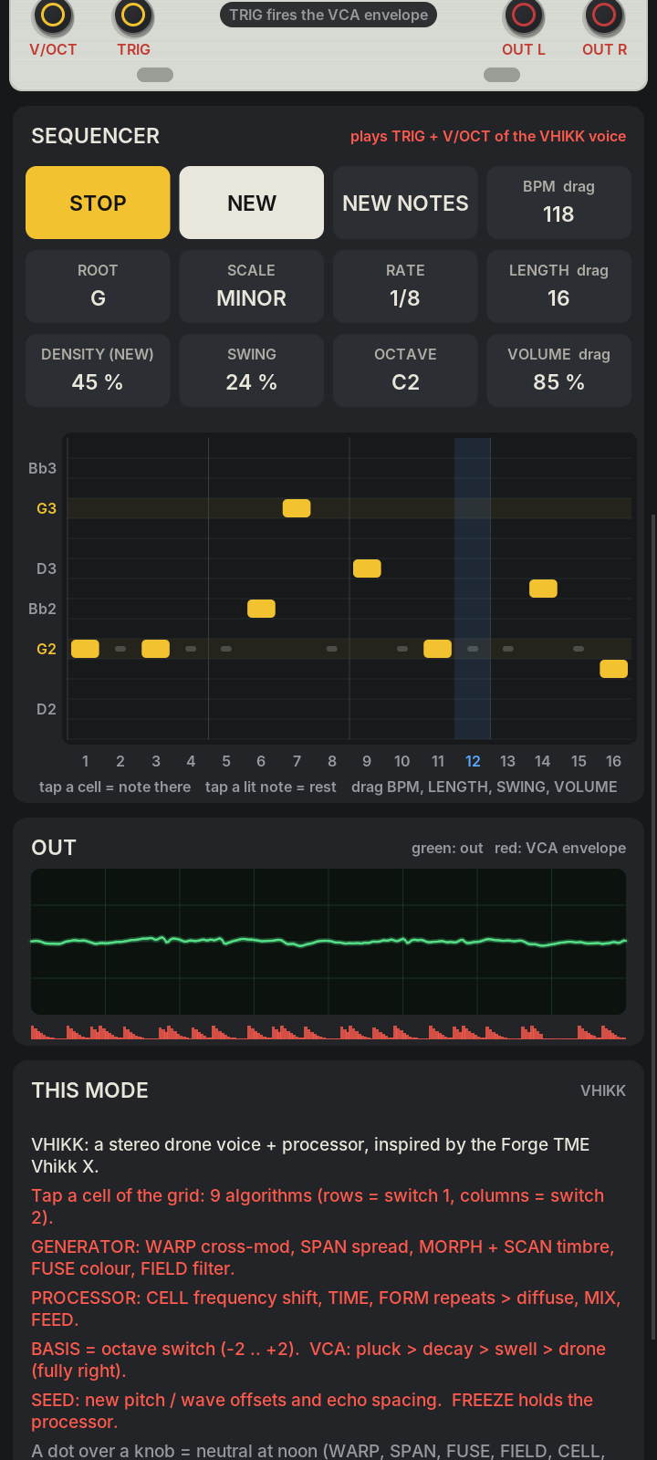 The app's sequencer: 16 steps on a minor scale grid