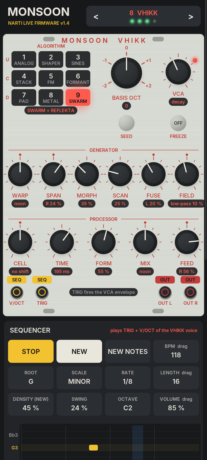 The app's VHIKK panel: algorithm grid, BASIS and VCA, generator and processor knobs